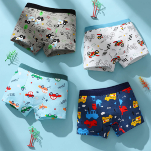 4 piece set. children's straight leg underwear. comfortable and soft. cool dinosaur, car, airplane, excavator printed boy's four cornered underwear.
