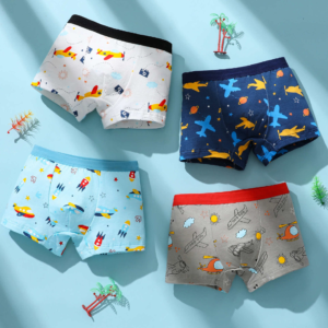 4 piece set. children's straight leg underwear. comfortable and soft. cool dinosaur, car, airplane, excavator printed boy's four cornered underwear.