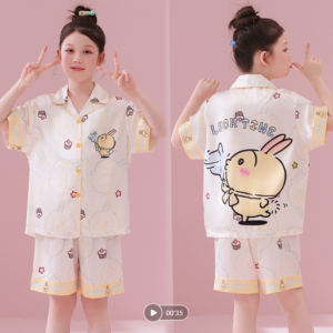 breathable ice silk children sleepwear open front turn collar custom pattern pajama set (复制)
