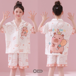open front turn collar kids ice silk loungewear custom logo oem children sleep suit (复制)