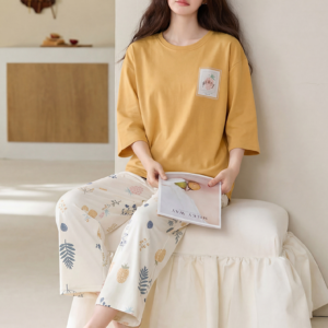 2026 new summer cotton loungewear 7 sleeve top & 9 pant pajama set for ladies