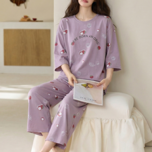 2026 new summer cotton loungewear 7 sleeve top & 9 pant pajama set for ladies