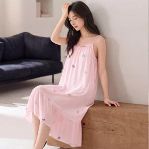 crew neck sleeveless sleep dress soft cotton nightdress with removable bra pad for home