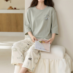 2026 new summer cotton loungewear 7 sleeve top & 9 pant pajama set for ladies