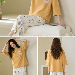 2026 new summer cotton loungewear 7 sleeve top & 9 pant pajama set for ladies