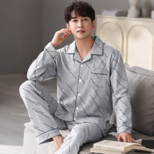 new-arrival-men-long-sleeve-open-cardigan-pants-pajama-set-180g-imitation-cotton-home-clothes-bulk-supply
