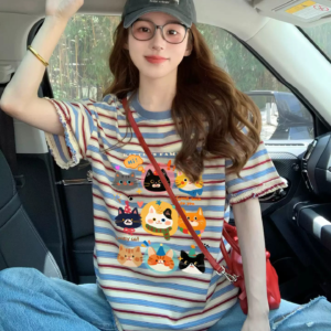 casual oversized cotton t shirt with fun animal prints colorful striped graphic tee – women's comfy cotton top