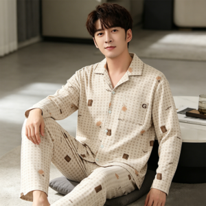 new arrival men's cotton cardigan pajama set 2 piece home wear suit (复制)