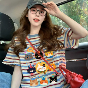 casual oversized cotton t shirt with fun animal prints colorful striped graphic tee – women's comfy cotton top