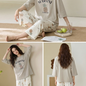 2026 new summer cotton loungewear 7 sleeve top & 9 pant pajama set for ladies