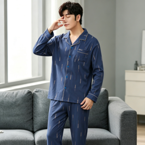 casual men’s 2pcs cardigan loungewear outfit soft 180gram polycotton sleep suit factory custom logo odm oem