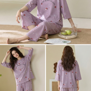 2026 new summer cotton loungewear 7 sleeve top & 9 pant pajama set for ladies