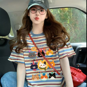 casual oversized cotton t shirt with fun animal prints colorful striped graphic tee – women's comfy cotton top