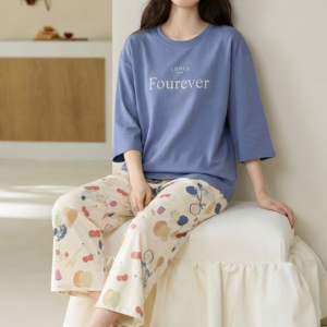 2026 new summer cotton loungewear 7 sleeve top & 9 pant pajama set for ladies