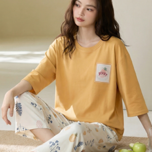 2026 new summer cotton loungewear 7 sleeve top & 9 pant pajama set for ladies