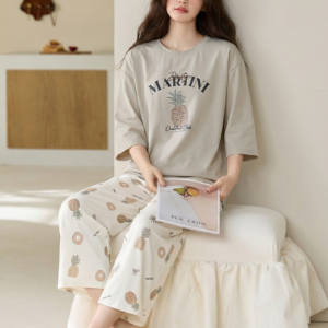 2026 new summer cotton loungewear 7 sleeve top & 9 pant pajama set for ladies