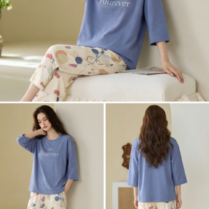 2026 new summer cotton loungewear 7 sleeve top & 9 pant pajama set for ladies