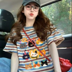 casual oversized cotton t shirt with fun animal prints colorful striped graphic tee – women's comfy cotton top