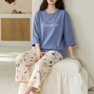 2026 new summer cotton loungewear 7 sleeve top & 9 pant pajama set for ladies