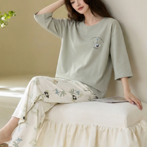 2026 new summer cotton loungewear 7 sleeve top & 9 pant pajama set for ladies