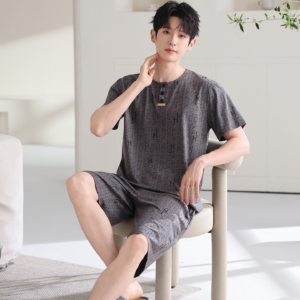 factory direct men modal round neck pajama set short sleeve shorts large order supported (复制)