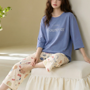 2026 new summer cotton loungewear 7 sleeve top & 9 pant pajama set for ladies