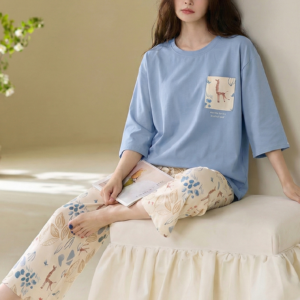 2026 new summer cotton loungewear 7 sleeve top & 9 pant pajama set for ladies