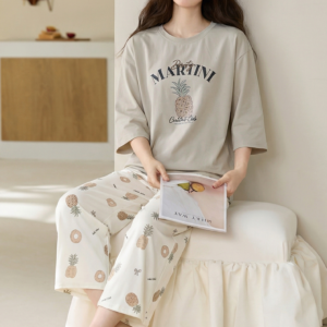 2026 new summer cotton loungewear 7 sleeve top & 9 pant pajama set for ladies