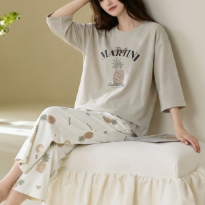 2026 new summer cotton loungewear 7 sleeve top & 9 pant pajama set for ladies