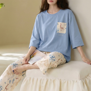 2026 new summer cotton loungewear 7 sleeve top & 9 pant pajama set for ladies