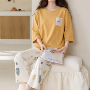 2026 new summer cotton loungewear 7 sleeve top & 9 pant pajama set for ladies