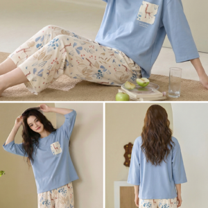 2026 new summer cotton loungewear 7 sleeve top & 9 pant pajama set for ladies