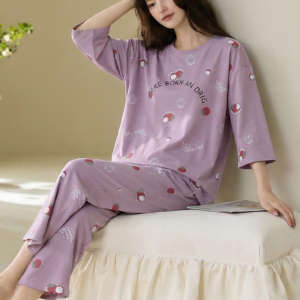 2026 new summer cotton loungewear 7 sleeve top & 9 pant pajama set for ladies