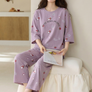 2026 new summer cotton loungewear 7 sleeve top & 9 pant pajama set for ladies