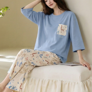 2026 new summer cotton loungewear 7 sleeve top & 9 pant pajama set for ladies