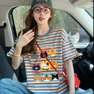 casual oversized cotton t shirt with fun animal prints colorful striped graphic tee – women's comfy cotton top