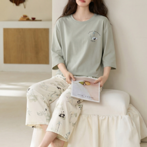 2026 new summer cotton loungewear 7 sleeve top & 9 pant pajama set for ladies